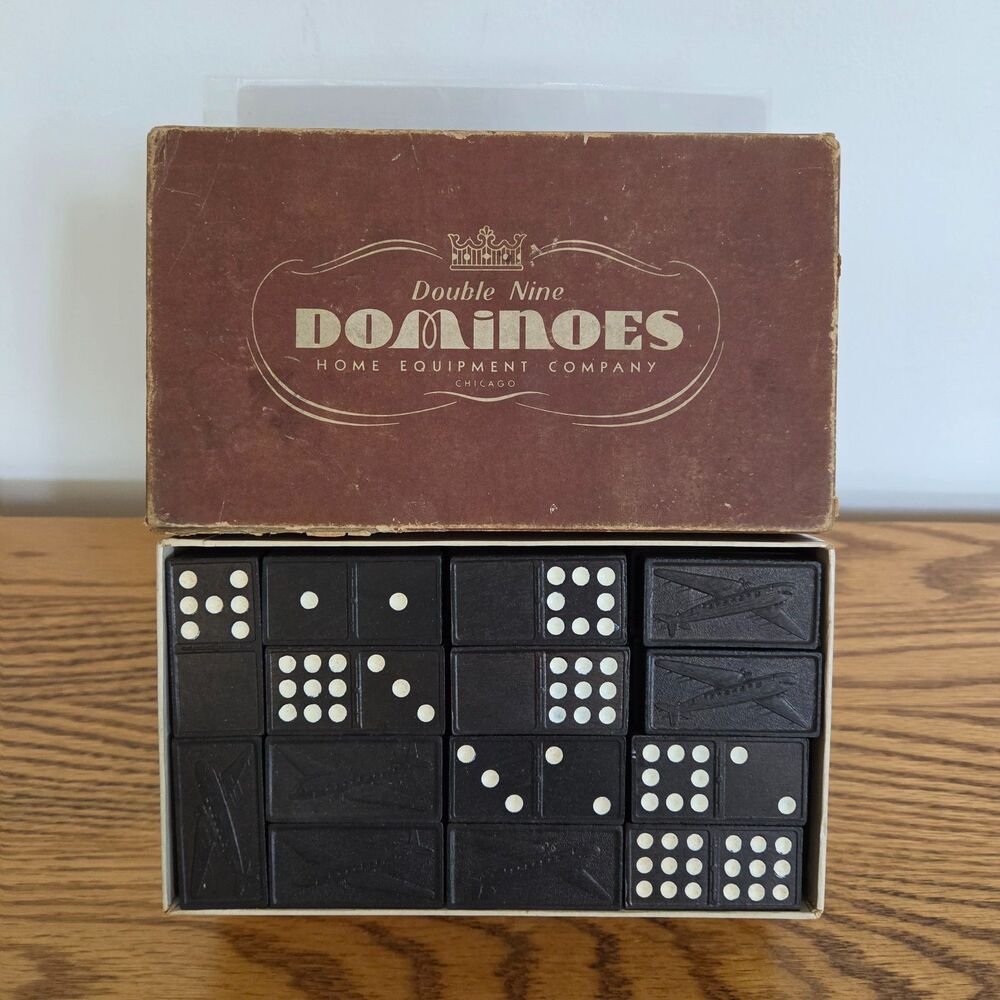 Vintage Double Nine Dominoes Set - 55 Pieces With Airplane Design & Original Box